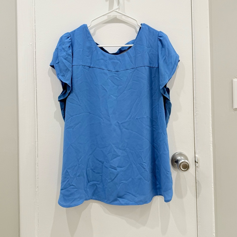 LOFT Blue Flutter Sleeve Blouse with Cap Sleeves
